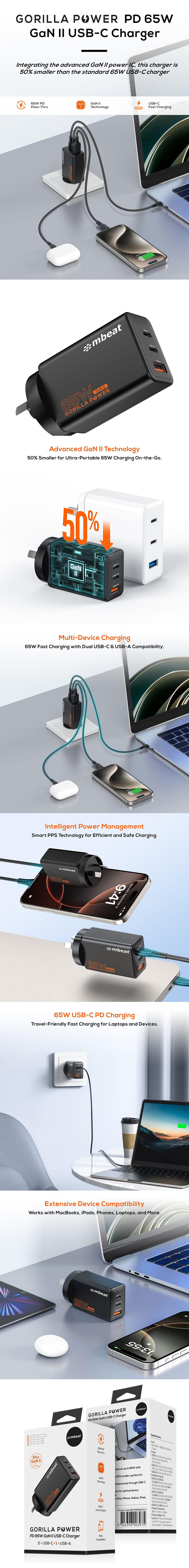 A large marketing image providing additional information about the product mbeat Gorilla Power PD 65W GaN II USB-C Charger -2 x USB-C + USB-A - Additional alt info not provided